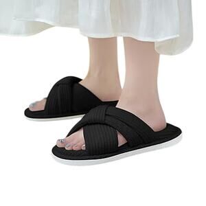 Puwan Womens Size 7-8 Black Soft Cloth Cross Comfy Memory Foam House Slippers